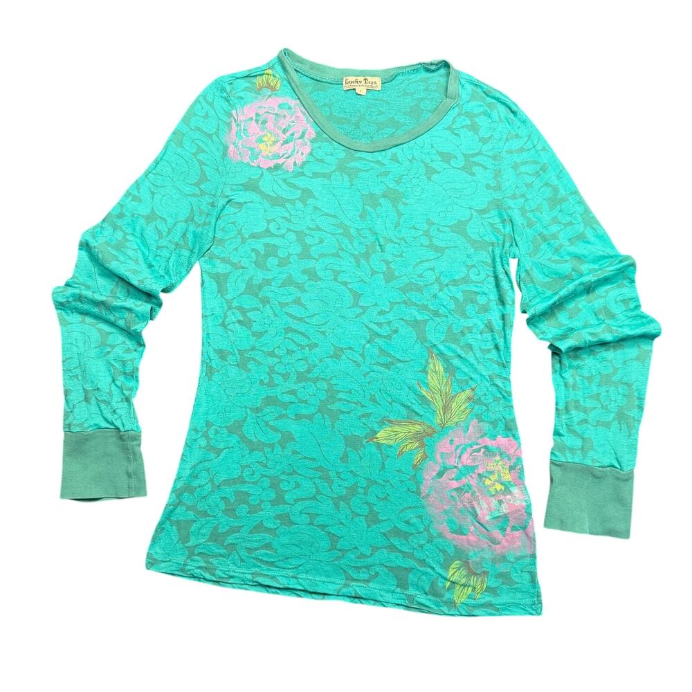 Vintage Y2K Lucky Tees Teal Graphic Floral Top‎ Large Fairycore Grunge